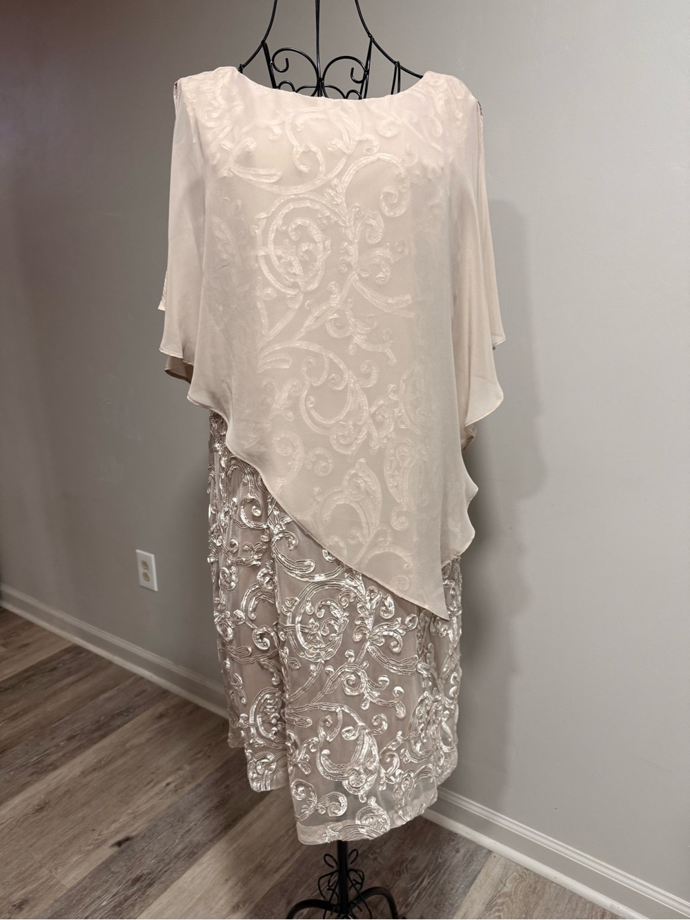 Cream Embroidered Midi Dress with Sheer Capelet